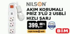 NİLSON AKIM KORUMALI PRİZ 3'LÜ 2 USB'Lİ HIZLI ŞARJ